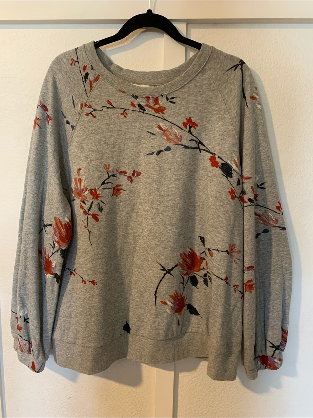 Ava & Viv Heather Gray Floral Sweatshirt with Red and Purple Accents
